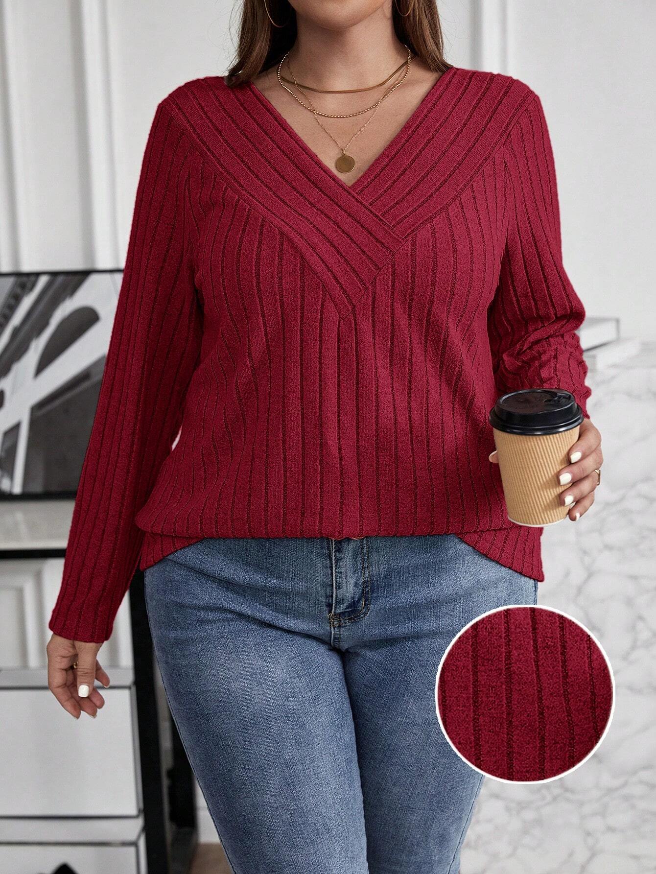 Plus Size Women Ribbed V-Neck Crossover
