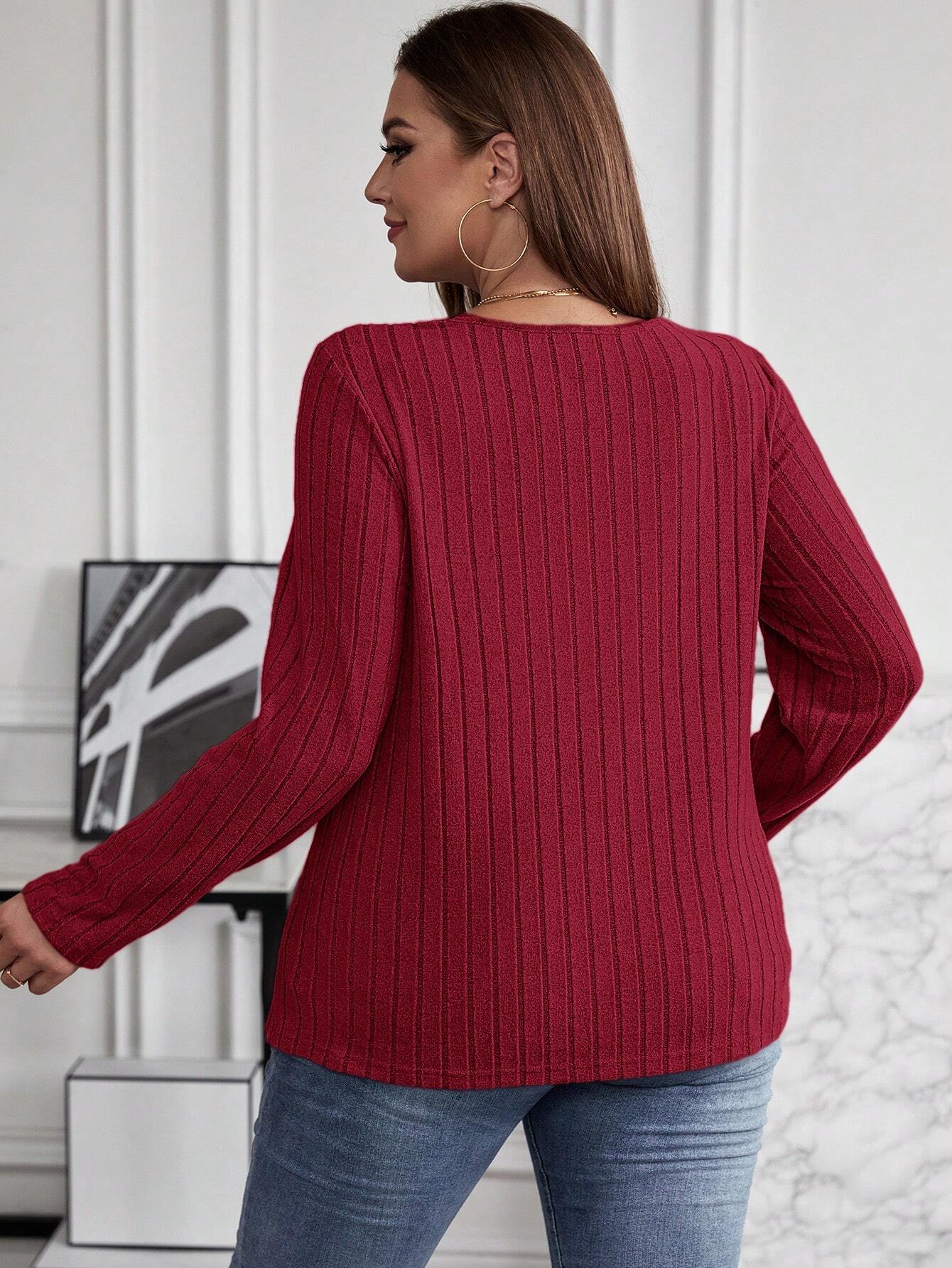 Plus Size Women Ribbed V-Neck Crossover
