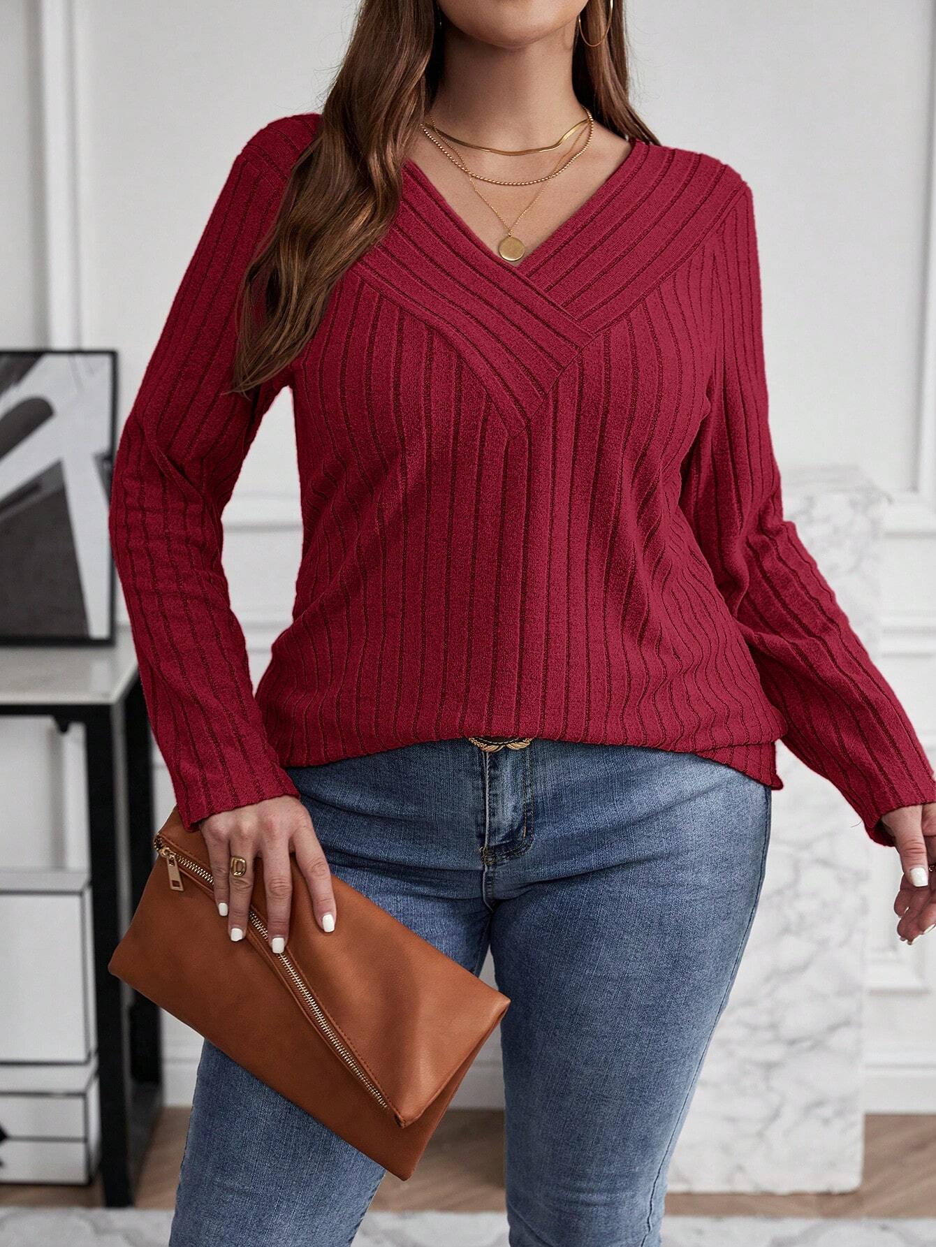 Plus Size Women Ribbed V-Neck Crossover