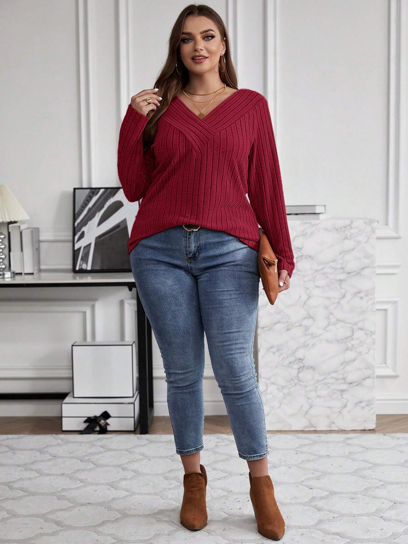 Plus Size Women Ribbed V-Neck Crossover