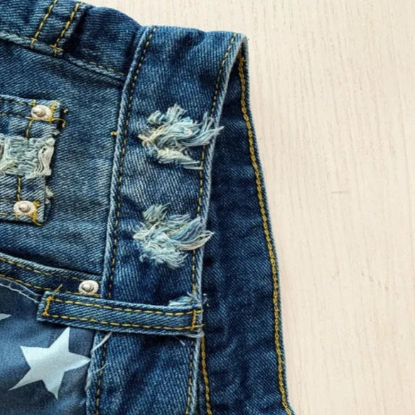 US Flag Theme Bleached Denim Shorts