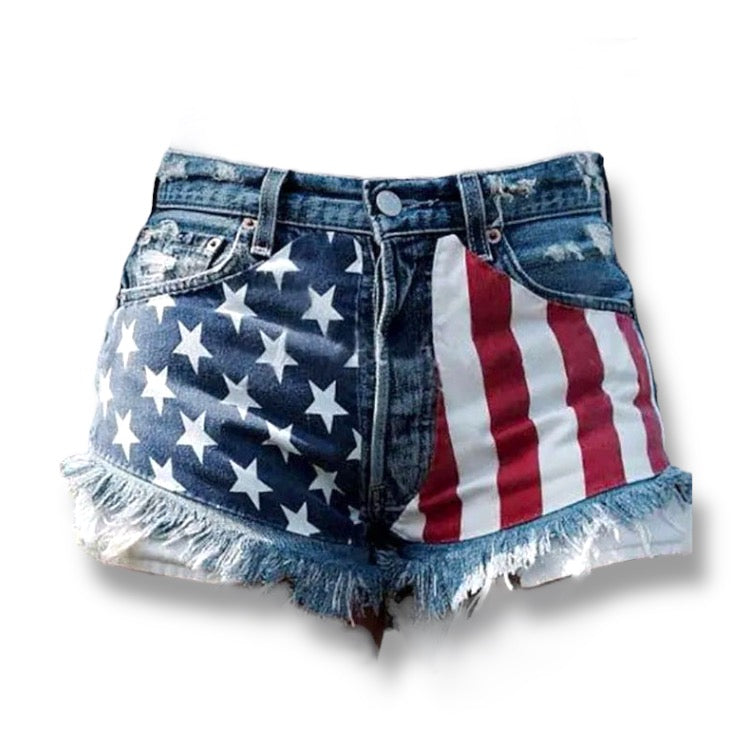 US Flag Theme Bleached Denim Shorts
