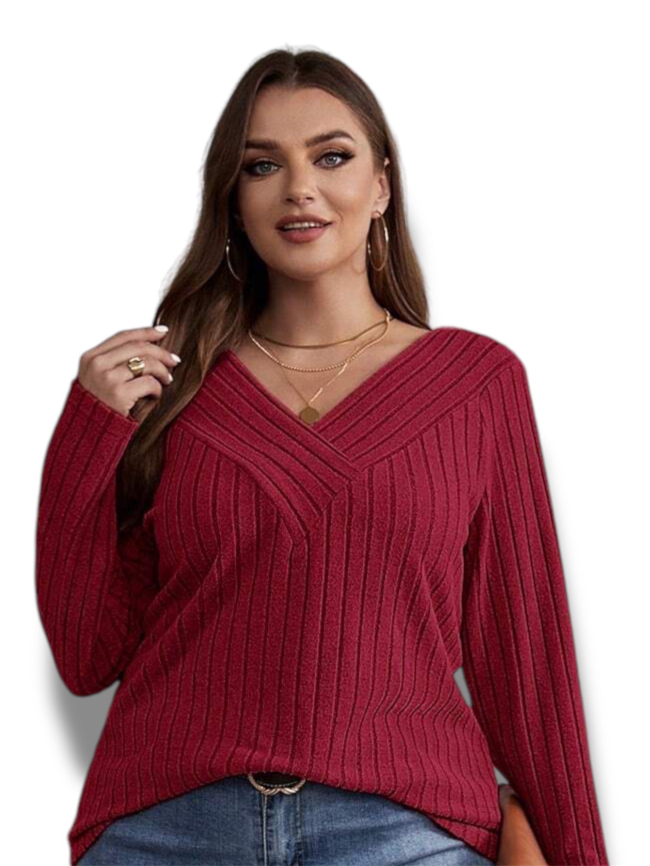 Plus Size Women Ribbed V-Neck Crossover