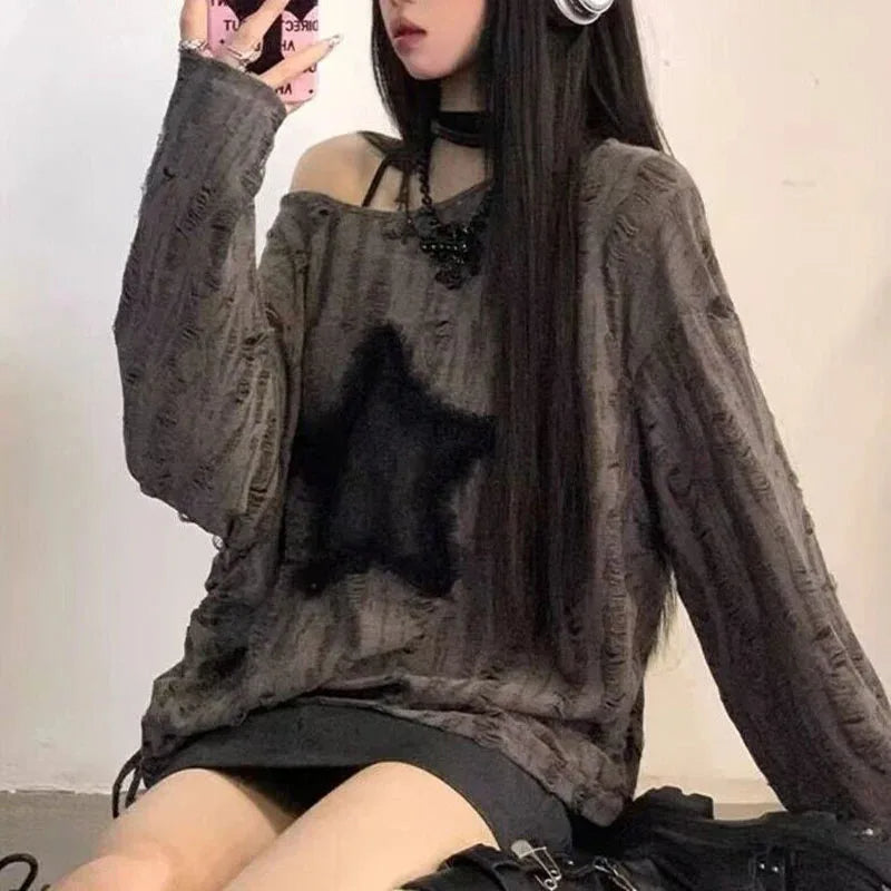 Y2K Star Distressed Sweater