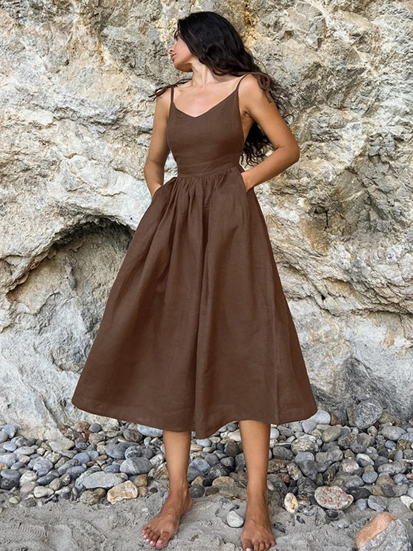 Linen Lace-Up A-Line Dress with Pockets – Summer Backless Maxi